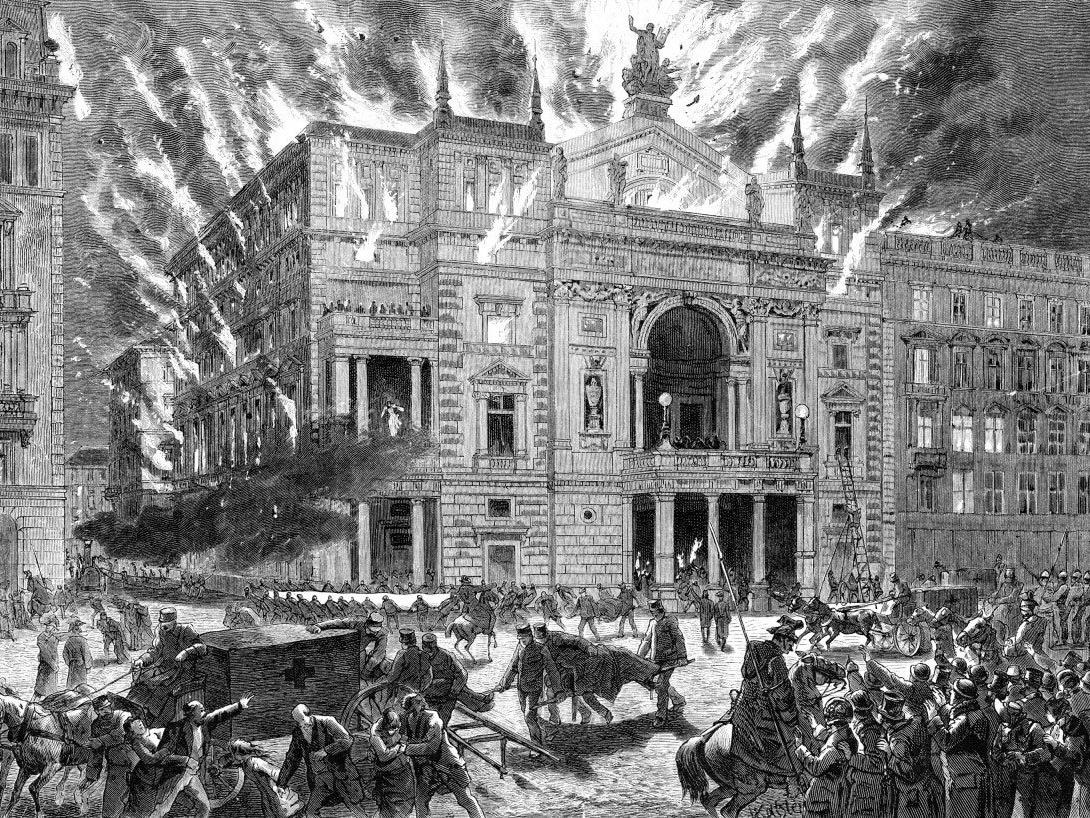 Eine Darstellung vom Brand des Wiener Ringtheaters