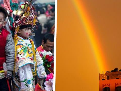 Kinder bei einem Festival in China. Das zweite Bild ist aus Palästina.