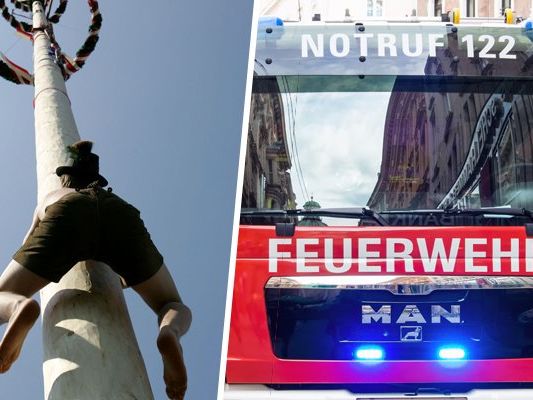 Der Maibaum-Kraxler musste aus 15 Metern Höhe gerettet werden. Der Maibaum-Kraxler musste aus 15 Metern Höhe gerettet werden.